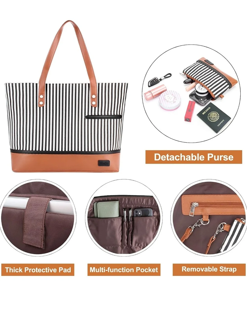 Striped Canvas Tote Bag with Pouch - Black & White with Tan Trim